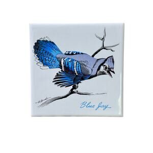 Vintage Screencraft Blue Jay Bird Tile Trivet by R Brooks Cape Cod 6” Cork‎ Back
